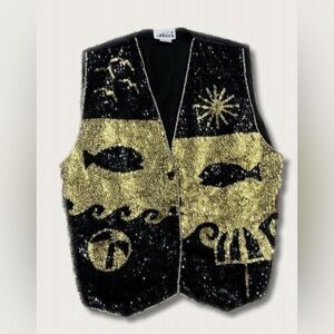 Vintage 1980s 1990s Creazionie Effeci Gold + Black Sequin Vest